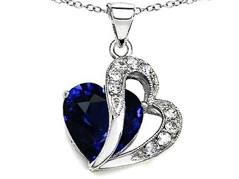 Blue Sapphire Double Heart Pendant in Sterling Silver with Chain